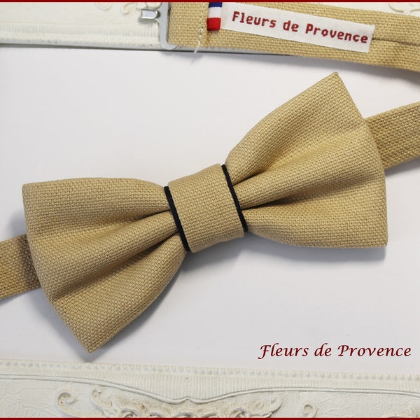 Noeud Papillon / pochette costume / boutons manchette Tissu Coton Beige - Camel et bleu - Homme / enfant / bebe