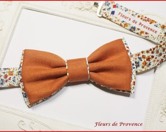 Noeud Papillon double / Pochette costume / Boutons manchette - Tissu Liberty Phoebe Rouille et lin terracotta  - Homme / enfant / bebe