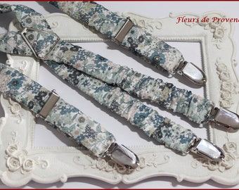 Bretelles en Tissu Liberty fleurs bleu et vert sauge - homme / enfant / bebe