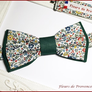 Double bow tie / cufflinks / Pocket square Liberty fabric Katie and Millie multicolored and green - Man / child / baby