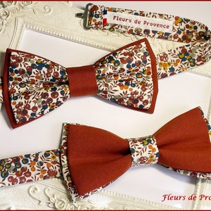 Noeud Papillon double/ pochette costume/ boutons manchette Tissu Liberty Wiltshire Bud C et uni Terracotta Coton Bio - Homme / enfant / bebe