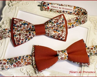 Double bow tie / pocket square / cufflinks Liberty Wiltshire Bud C fabric and plain Terracotta Organic cotton - Men / children / babies