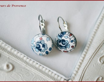 Boucles d'oreille cabochons Tissu Liberty Eloise bleu et orange