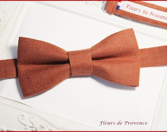 Noeud Papillon / Pochette costume / boutons manchette - Tissu Lin Terre cuite / terracotta (3) - Homme / Enfant / Bebe