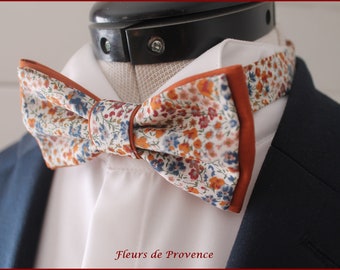 Noeud Papillon double / Pochette costume / Boutons manchette - Tissu Liberty Phoebe Rouille, terre cuite et bleu - Homme / enfant / bebe