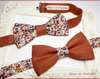 Noeud Papillon double/ pochette costume/ boutons manchette Tissu Liberty Wiltshire Bud C et Lin uni Terracotta (3) - Homme / enfant / bebe