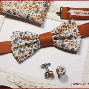 Noeud Papillon / Pochette costume / Boutons manchette Tissu Liberty Phoebe Rouille et lin terracotta Homme / enfant / bebe image 7