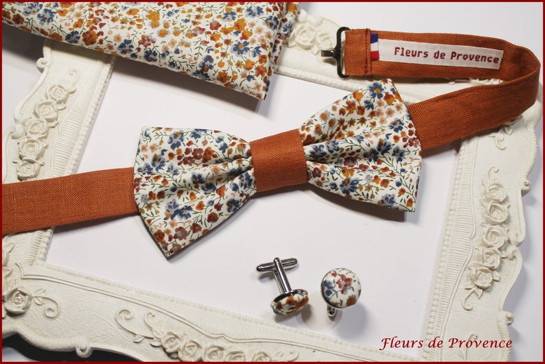 Noeud Papillon / Pochette costume / Boutons manchette Tissu Liberty Phoebe Rouille et lin terracotta Homme / enfant / bebe image 7