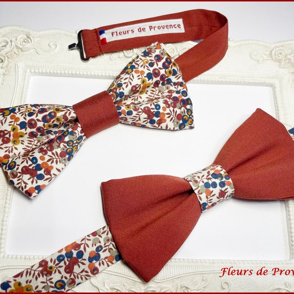 Noeud Papillon / pochette costume/ boutons manchette Tissu uni Terracotta Coton Bio et Liberty Wiltshire Bud C - Homme / enfant / bebe