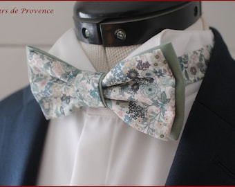 Double bow tie / Suit pocket / Cufflinks - Liberty fabric with blue and sage green flowers - Man / child / baby