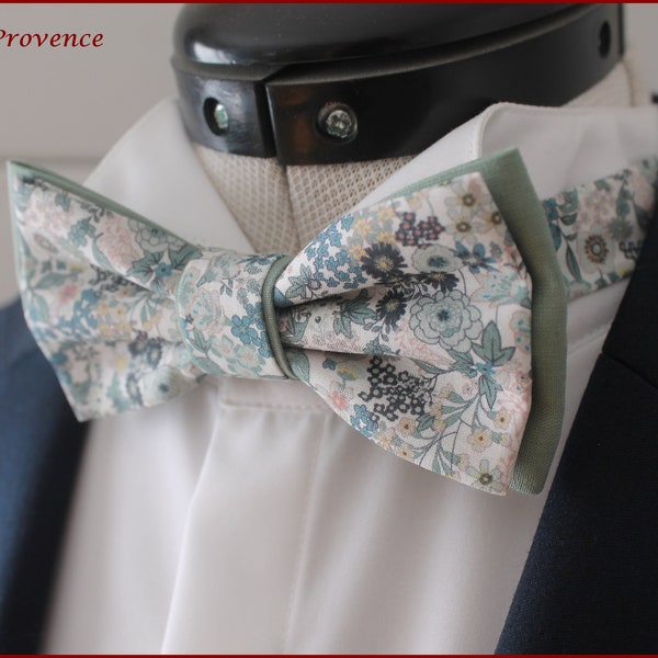 Pajarita doble / Bolsillo traje / Gemelos - Tejido Liberty con flores azules y verde salvia - Hombre / niño / bebé