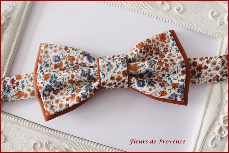 Noeud Papillon double / Pochette costume / Boutons manchette Tissu Liberty Phoebe Rouille, terre cuite et bleu Homme / enfant / bebe image 7