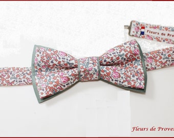 Noeud Papillon double / pochette costume / boutons manchette Tissu Liberty Eloise dragee rose et sauge - Homme / enfant / bebe