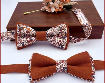 Podwójna muszka / poszetka / spinki do mankietów Liberty Wiltshire Bud C tkanina i gładki len Terracotta (3) - Mężczyźni / dzieci / niemowlęta