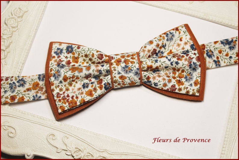 Noeud Papillon double / Pochette costume / Boutons manchette Tissu Liberty Phoebe Rouille et lin terracotta Homme / enfant / bebe image 2