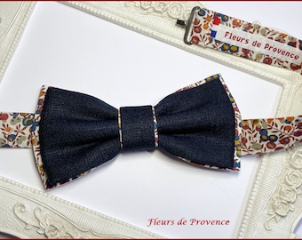 Noeud Papillon double / pochette costume / boutons manchette Tissu Liberty Wiltshire Bud C Noisette et Lin bleu fonce - Homme/ enfant/ bebe