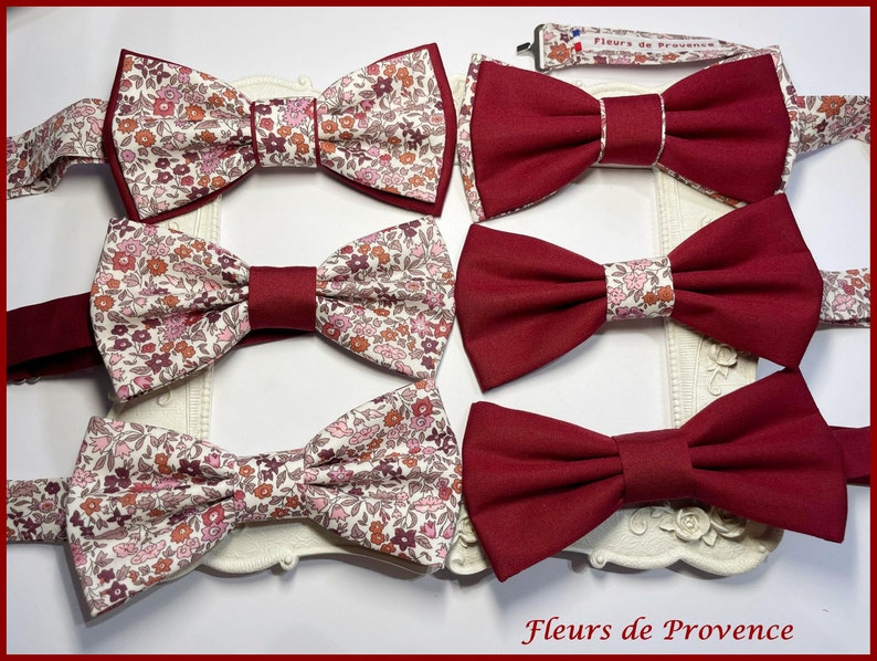 Noeud Papillon / pochette costume / boutons manchette Tissu Liberty Ava bordeaux/rose Homme / enfant / bebe image 6