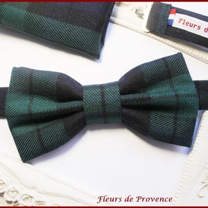 Bow tie / pocket square / cufflinks Scottish tartan fabric navy blue, green Man / child / baby image 3