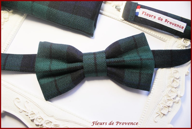 Noeud Papillon / pochette costume / boutons manchette Tissu tartan Ecossais bleu marine, vert Homme / enfant / bebe image 3