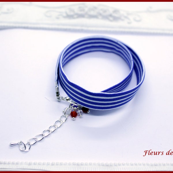 Bracelet Tissu rayures blanc et bleu "Marin"