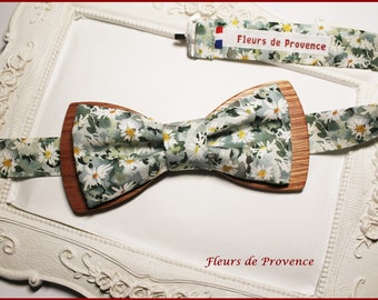 Double bow tie / pocket square / cufflinks Wood and English green Daisy Liberty fabric