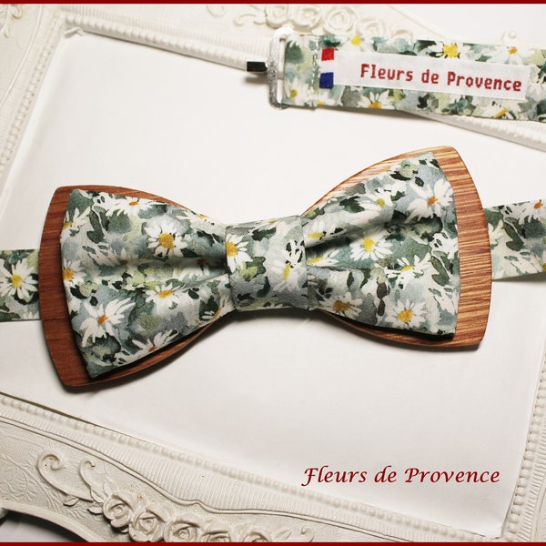 Noeud Papillon double / Pochette costume / boutons manchette  Bois et Tissu Liberty Marguerite vert anglais