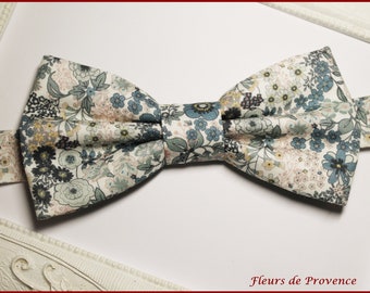 Noeud Papillon / Pochette costume / Boutons manchette - Tissu Liberty fleurs bleu et vert sauge - Homme / enfant / bebe