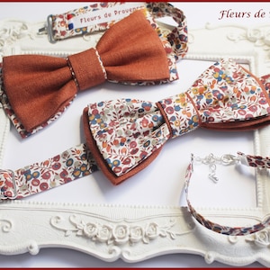 Noeud Papillon double/ pochette costume/ boutons manchette Tissu Lin Terre Cuite et Liberty Wiltshire Bud C Noisette Homme / enfant / bebe image 7