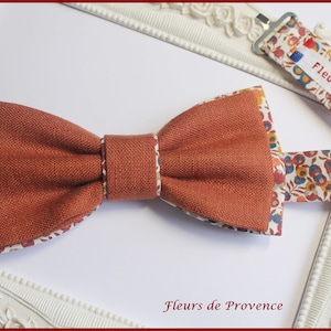 Noeud Papillon double/ pochette costume/ boutons manchette Tissu Lin Terre Cuite et Liberty Wiltshire Bud C Noisette Homme / enfant / bebe Noeud Papillon Homme