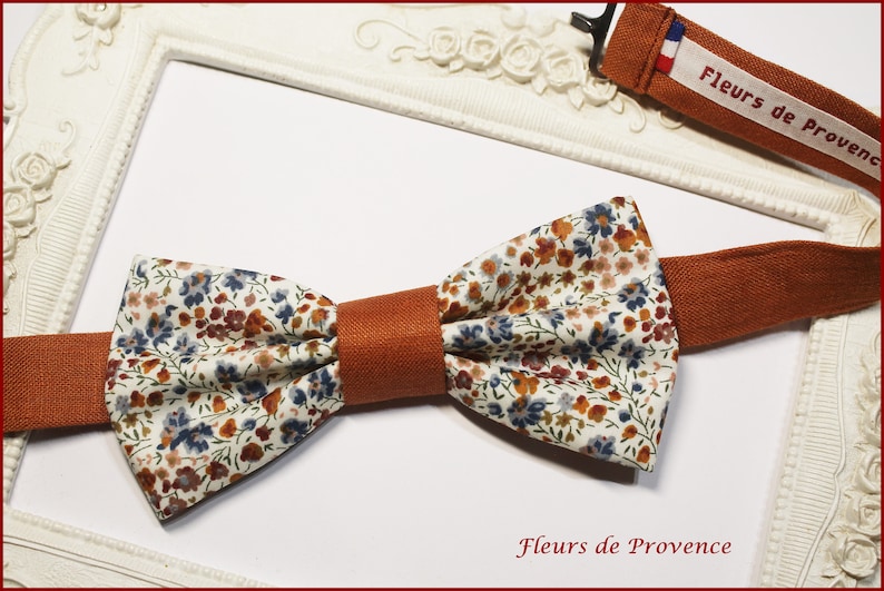 Noeud Papillon / Pochette costume / Boutons manchette Tissu Liberty Phoebe Rouille et lin terracotta Homme / enfant / bebe Noeud Papillon Homme