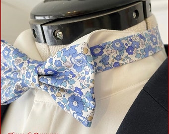 Noeud Papillon / Pochette costume / Boutons manchette Tissu Liberty Betsy Ann bleu Plumbargo - Homme / enfant / bebe