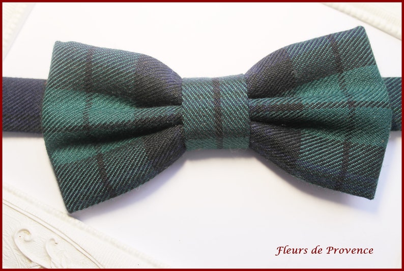 Bow tie / pocket square / cufflinks Scottish tartan fabric navy blue, green Man / child / baby image 2