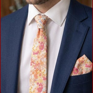 Tie / pocket square / cufflinks Liberty print fuchsia and orange flowers - men's / children's