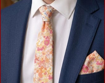 Cravate / pochette costume / boutons manchette Tissu Liberty fleurs fuchsia et orange - homme / enfant