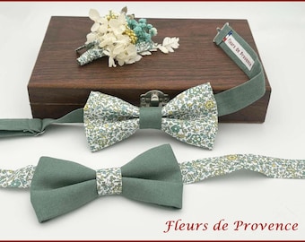 Bow tie / cufflinks / pocket square in Liberty Katie and Millie Mint lime green and dark sage fabric - Men's / children's / baby