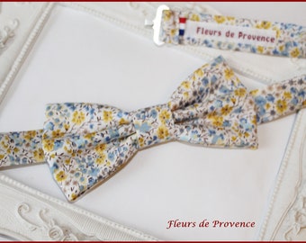 Noeud Papillon / Pochette costume / Boutons manchette - Tissu Liberty Phoebe bleu et jaune Edition 40 ans - Homme / enfant / bebe