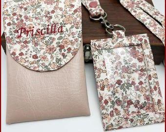 Pochette pour infirmière/aimantée et personnalisée / Porte badge Liberty fleurs rose argile, sauge, porte clés, tour de cou, cadeaux Noël