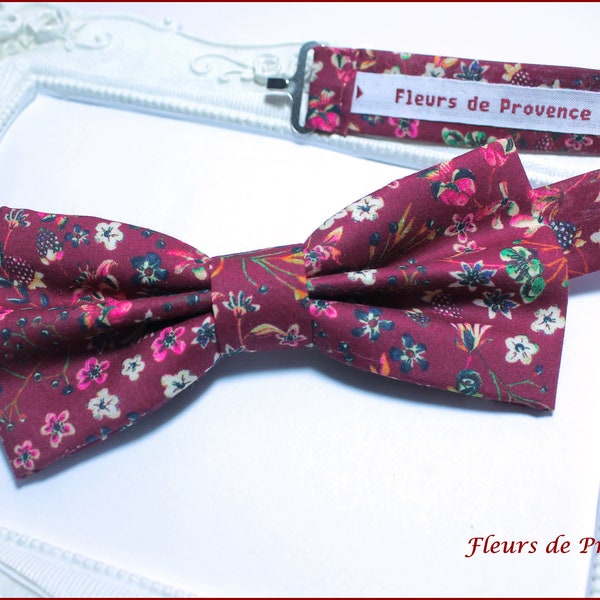 Noeud Papillon / pochette costume / boutons manchette - Tissu Liberty Donna leigh Bordeaux - Homme / enfant / bebe