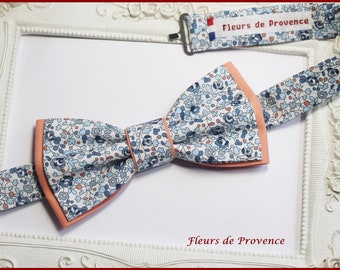 Noeud Papillon double / boutons manchette / Pochette costume - Tissu Liberty Eloise bleu et pêche-corail - Homme / enfant / bebe