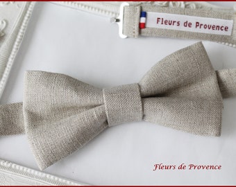 Noeud Papillon / Pochette costume / Boutons manchette - Tissu lin/coton beige naturel champêtre - Homme / enfant / bebe