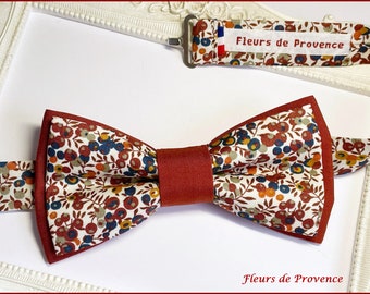 Noeud Papillon double/ pochette costume/ boutons manchette Tissu Liberty Wiltshire Bud C et uni Terracotta Coton Bio - Homme / enfant / bebe