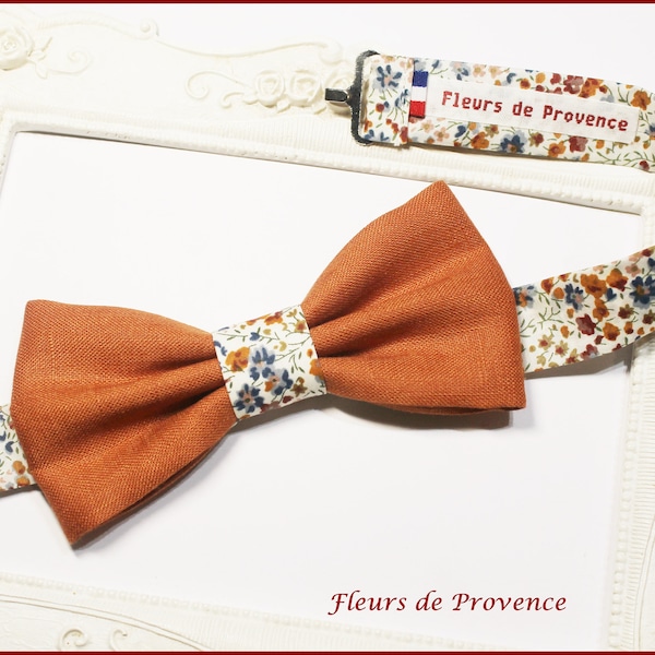 Noeud Papillon / Pochette costume / Boutons manchette - Tissu Liberty Phoebe Rouille et lin terracotta  - Homme / enfant / bebe