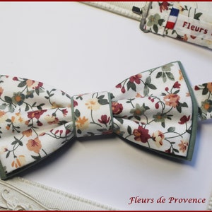 Pajarita doble / Bolsillo traje / Gemelos - Tejido Liberty con flores color burdeos, melocotón y verde salvia - Hombre/niño/bebé