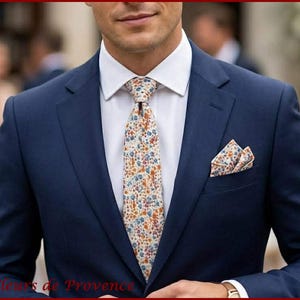 Krawatte / Einstecktuch / Manschettenknöpfe Liberty Phoebe Stoff in Rost und Blau - Herren / Kinder