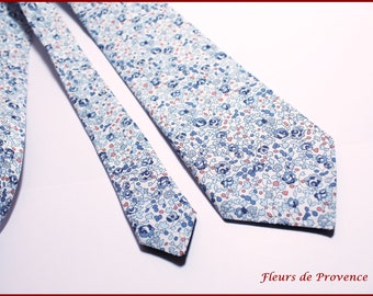 Cravate / pochette costume / boutons manchette Tissu Liberty Eloise bleu et orange - Homme / enfant