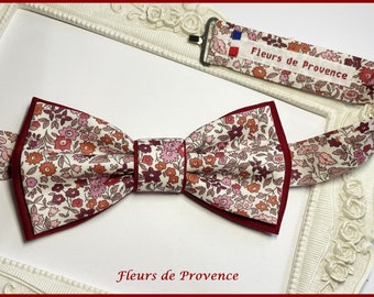 Double bow tie / suit pocket / cufflinks Liberty Ava burgundy/pink and burgundy fabric (2) - Man / child / baby