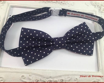 Elegant Bow Tie Navy Blue Fabric with White Polka Dots - Men/Baby/Children