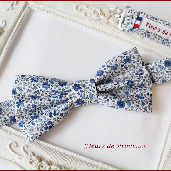 Noeud Papillon / boutons manchette / Pochette costume assortie Tissu Liberty Camille bleu - Homme / enfant / bebe