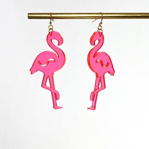 Fluorescent Pink Flamingo Earrings, Gold Plated Hardware