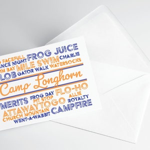 May include: A white card with blue and orange text listing activities and events at Camp Longhorn. The text includes "Old Facefull", "Dance Night", "Frog Juice", "Swim Bay Mile Swim", "Charlie", "Blob Gator Walk", "Watersocks", "Merits Frog Day", "Flo-Ho", "Pit Stop", "Attawaytogo", "Allie", "Royalty", "Church Mountain", "Went-a-Wabbit", and "Campfire".